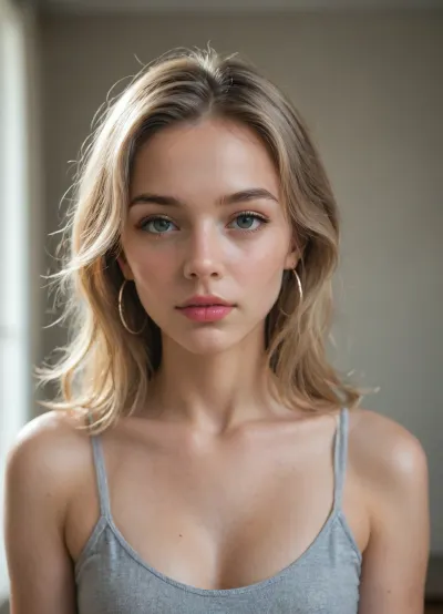 ((photorealistic close-up portrait)), young woman, bust shot, facing camera, neutral calm expression, studio setting, high detail, ultra sharp focus, 8k, DSLR style, f/2.8, 2
oval face, fair smooth skin with subtle pink undertone, natural skin texture, no makeup look, soft beauty lighting, 2
medium-length ash blonde hair with subtle golden highlights, middle part, slightly wavy, natural loose strands, 2
large light green-gray eyes, sharp iris detail, direct gaze, subtle catchlight, 2
natural eyebrows, medium thickness, gently arched, blonde/light brown, 1.5
straight proportional nose, softly rounded tip, 1.5
medium lips, natural soft pink tone, no lipstick, 1.5
thin silver hoop earrings visible, 1
thin black strap top on shoulders, minimal clothing detail, 1
right hand lightly touching hair near face, natural nails, 1
soft diffused front lighting, cinematic studio look, minimal shadows, seamless neutral gray background, shallow depth of field, bokeh, 2