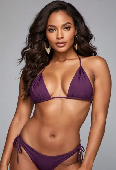 Close-up portrait of a dark-skinned woman, young adult age range. She displays a confident, alluring pose, with a captivating gaze directed at the viewer. Her dark, long hair is styled in loose waves. Her makeup is defined, with accentuated eyes and a soft, natural lip color. She wears a stylish, deep purple, smooth-material bikini. The top is a triangle-shaped bikini top, fitting snugly with a subtle decorative element. The bottoms are high-waisted, featuring ties at the sides, adding a modern touch. The color of the bikini is a rich, showcasing a sleek, modern style. The lighting is soft and well-balanced, casting no harsh shadows, emphasizing the curves of her body. The composition is centered, drawing attention to her figure. The skin tone is medium-dark brown with a natural glow, highlighting her physical features. Her expression is sensual and serene, embodying a subtle sense of confidence. The background is a light gray-beige wall, with a hint of a kitchen area visible in the back. The textures of the skin and the material of the swimwear are smooth and glossy. The atmosphere is alluring, romantic, and inviting. The mood is sensual but not overtly suggestive. The style is contemporary, portrait-style photography, utilizing a close-up perspective with a well-defined focus on the subject. Studio lighting is used, with a focus on creating soft highlights and subtle reflections.