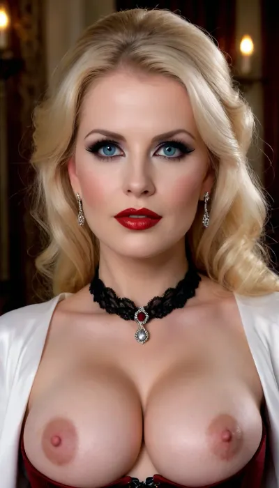 busty Barbie style, busty horny milf 40y.o., Regal female vampire countess, tall, (pale porcelain skin:1.1), (long blond hair), (elegant fancy updo hairstyle), beautiful eyes, crimson lips, big large areolas, velvet gown with corset, busty deeper cleavage, black cloak, ruby jewelry, inverted silver jewelry, alluring yet dangerous, dark sapphic glamour, gothic, realistic, dramatic lighting., sagging, <lora:256210_training_data:1>, <lora:sagging-000015:.4>