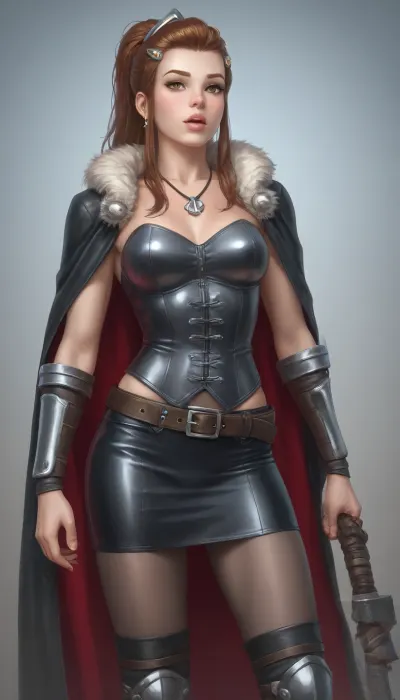 (brigitte from Overwatch mature age, ahegao), ahegao, solo, Braided hair with interwoven leather bands and a few silver beads. Makeup is smoky around the eyes with a touch of war paint., full lips, thick lips, huge chest circumference, muscular, wearing A tight-fitting leather corset in dark brown, decorated with metallic rivets and laced sides, An asymmetrical skirt made of coarse fabric short in the front longer in the back, tight fitting leather leggings with leg wraps, High leather boots with buckles, A wide belt with rune embossing and small pockets for daggers and potions, arm warmers made of fur and leather, long fur cape a necklace with a Thor's hammer pendant, View from waist down, Sensual, erotic, exaggeratedly swollen pussy, extreme pussy cameltoe