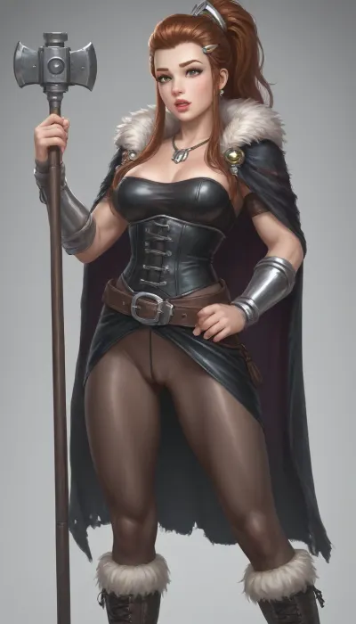(brigitte from Overwatch mature age, ahegao), ahegao, solo, Braided hair with interwoven leather bands and a few silver beads. Makeup is smoky around the eyes with a touch of war paint., full lips, thick lips, huge chest circumference, muscular, wearing A tight-fitting leather corset in dark brown, decorated with metallic rivets and laced sides, An asymmetrical skirt made of coarse fabric short in the front longer in the back, tight fitting leather leggings with leg wraps, High leather boots with buckles, A wide belt with rune embossing and small pockets for daggers and potions, arm warmers made of fur and leather, long fur cape a necklace with a Thor's hammer pendant, View from waist down, Sensual, erotic, exaggeratedly swollen pussy, extreme pussy cameltoe