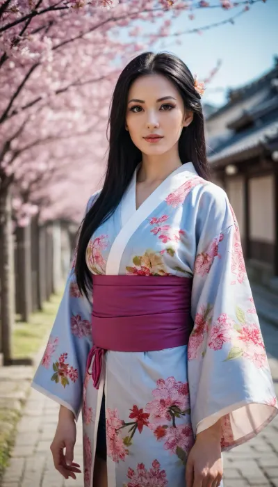 30 years old Nico Robin from one piece, with long black hair, fair skin, wear tradisional sexy short japanese kimono on wano country street, Surrounded by Japanese traditional style architectural buildings, sakura trees, bright sun lighting, striking facein photo 8k, photos taken by hasselblad + incredibly detailed, sharpen, details + professional lighting, photography lighting + 50mm, 80mm, 100m + lightroom gallery + behance photographies + unsplash