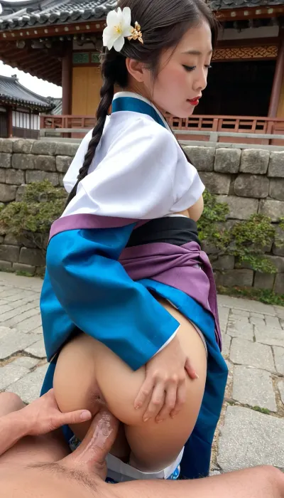 side view, A Petite young charming 18-year-old korean songstress wearing a Intact Embroidered Hanbok and a Korean traditional braid and flower hairpin with beautiful breasts helped a strong White American man with a huge white dick anal sex，Standing doggy style， fucking her from behind, In the ancient city of Korea，ejaculation，lipstick, Cosmetic，Black anus，Vaginal fluid jet，Third person perspective