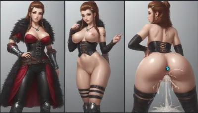 Close up of sensual stunning brigitte from Overwatch mature look, oiled, big ass View from waist down, solo, Braided hair with interwoven leather bands and a few silver beads. Makeup is smoky around the eyes with a touch of war paint, War paint on the face, full lips, thick lips, huge chest circumference, muscular, wearing A tight fitting leather corset in dark brown, decorated with metallic rivets and laced sides, An asymmetrical skirt made of coarse fabric short in the front longer in the back, tight fitting leather leggings with leg wraps, High leather boots with buckles, A wide belt with rune embossing and small pockets for daggers and potions, arm warmers made of fur and leather, long fur cape a necklace with a Thors hammer pendant, Butt Plug with diamond, Sensual, erotic, wet orgasm pussy, extreme gigantic cock with many prominent veins deep penetration in pussy, extreme deep penetration, open pussy, extreme big pussy, excessive cum in pussy, Point of View