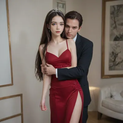 professional photograph, photorealistic, wide angle, a 19 year old Chinese woman meeting her date at hotel lobby for prom night date, (petite:1.2), thin body, thin hands, thin legs, (long hair:1.2), black hair, straight hair, tied hair, thin hands and legs, small perky breasts, very white skin, blue eyes, small mouth, perfect beautiful, wearing sexy long maroon dress, high slit on dress exposing left thigh, wearing silver tiara, man in black suit, hugging woman, krnpp, <lora:PrgXL_V1:1.8>, <lora:karina_sdxl_v10:1.2>