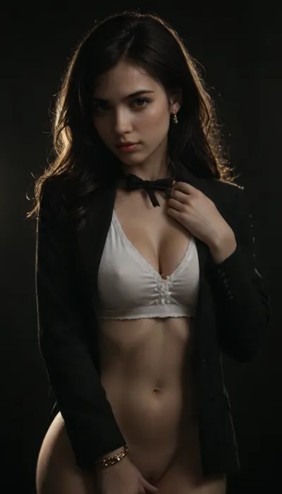 Solo, Beautiful tifa lock hart, looking in a seductive manner, eyes looking straight at the us, fair skin, long dark wavy hair, brown blazer, white shirt, black tie, sexy body, cute face, clear skin, close up, whole body visible, wearing golden anklets, golden bangles, golden chain, curvy figure, thick arms, thick hips, thick thighs, seductive face, looking at the viewer with lust, beautiful detailed face, amazingly sexy face, side view, standing straight in a sexy way, black background, rim lighting, key lighting, lighting on her breasts, lighting on her face, <lora:dark:.8>