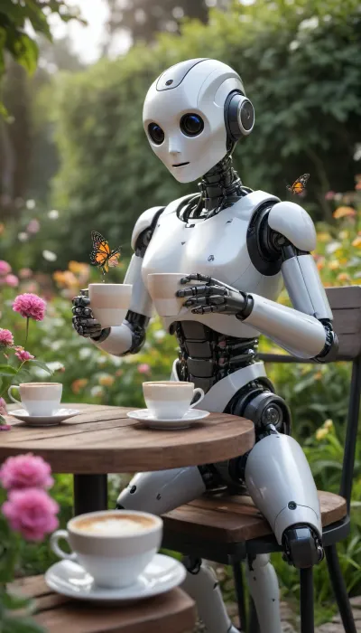 5000000010.256, robot sitting at a table with a cup of cappuccino, butterflies swirling, 3D rendering, hyper-realistic photography, trending with good morning, cute robot, shot from Alita, morning coffee, in front of a flower garden, adorable friendly robot, professional photography, in nude style