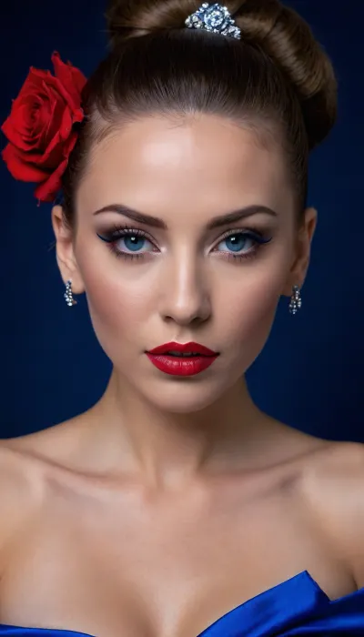 5000000010.297, B/W portrait with bold red and blue accents, crimson lips and three cobalt blue roses. Medium shot. Slicked bun hairstyle, razor-sharp winged eyeliner, flawless matte complexion. Brutal top lighting carves dramatic cheekbone shadows. Infinite void black background. Extreme close-up of three dew-covered blue roses framing the face.