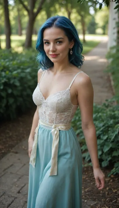 Ultra realistic full body cinematic photo of a beautiful sensual young woman inspired by Malvina from the Soviet film “The Adventures of Buratino”. She looks about 20 years old, with long curly sky-blue hair, fair skin and expressive eyes. Wearing a pale blue lace dress with a deep neckline, elegant, fitted at the waist, slightly longer, (above the knees, mid-thigh length), feminine and sexy but classy. A big white bow in her hair, iconic detail. She stands in a green meadow with big white daisies, playful and alluring expression, gentle smile. Natural lighting, vibrant colors, photorealistic textures, ultra detailed.