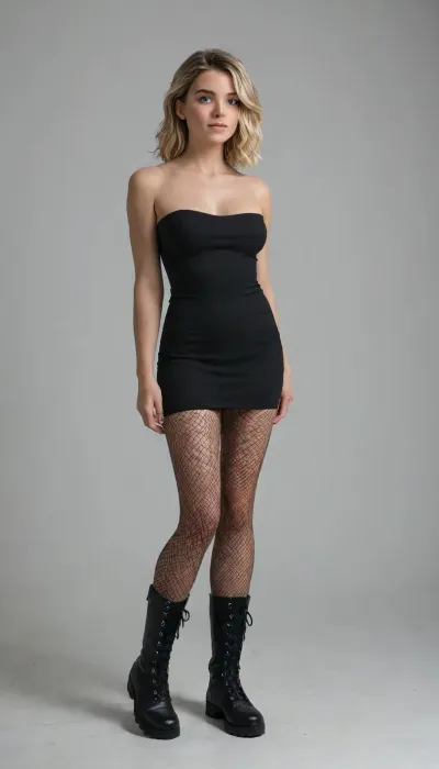 Quality tags, masterpiece, best quality, very aesthetic, absurdres, Gwen's stunning black dress hugs her petite, athletic figure, featuring a sweetheart neckline that accentuates her delicate collarbone. The sleek fabric shimmers under the dim party lights, clinging to her curves and flaring out slightly at her hips before ending mid-thigh. Sheathed in sheer black fishnet stockings and a pair of worn combat boots, her long, toned legs catch the eye.

Her signature blonde hair cascades down her back in loose, tousled waves, framing her heart-shaped face. Smoky eye makeup emphasizes her vivid blue eyes, making them sparkle with warmth and mischief as she looks at you. A dusting of shimmery powder highlights her high cheekbones and full lips, which are painted a deep, matte black, a bold contrast to her fair complexion.

Overall, Gwen exudes an effortless blend of sophistication, edge, and allure in her chosen attire, commanding attention without even trying., <lora:Spider-Gwen:.8>