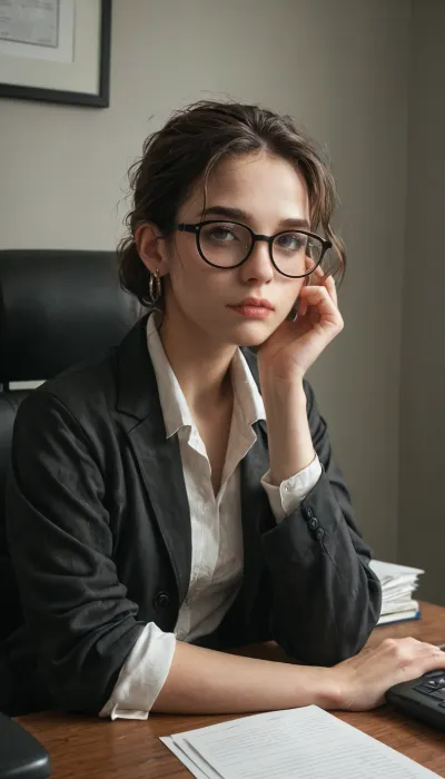 Lena, a young office employee, sitting at a desk. Tired eyes with slight dark circles, calm neutral expression. Thin glasses, loose dark jacket, hair tied in a simple knot. Office interior, soft muted colors, gentle lighting, lifelike drawing, detailed face, slightly weary but focused, quiet tidy background with office items, <lora:add-detail-xl:.8>