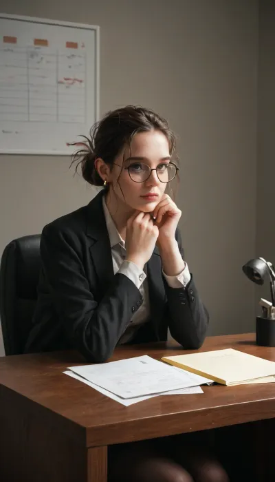 full body, Lena, a young office employee, sitting at a desk. Tired eyes with slight dark circles, calm neutral expression. Thin glasses, loose dark jacket, hair tied in a simple knot. Office interior, soft muted colors, gentle lighting, lifelike drawing, detailed face, slightly weary but focused, quiet tidy background with office items, <lora:add-detail-xl:.8>, NEGATIVE_HANDS