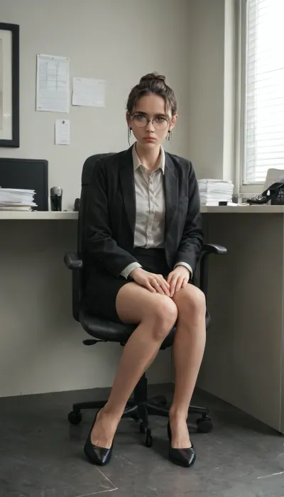 full body, Lena, a young office employee, sitting at a desk. Tired eyes with slight dark circles, calm neutral expression. Thin glasses, loose dark jacket, hair tied in a simple knot. Office interior, soft muted colors, gentle lighting, lifelike drawing, detailed face, slightly weary but focused, quiet tidy background with office items, <lora:add-detail-xl:.8>, NEGATIVE_HANDS