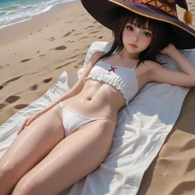 score_9, score_8_up, score_7_up, score_6_up, short Megumin pads her flat chest, Megumin is sunbathing on the beach on the sand, her body completely visible from head to toe, spread, <lora:Microwaist_XL_v01:1>