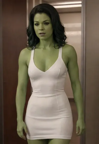 Tatiana maslany as she-hulk, (tight short skimpy white dress:1.5), (green skin:1.5), clothed nipples, she-hulk, jennifer, walters, <lora:She_Hulk-000006:.8>