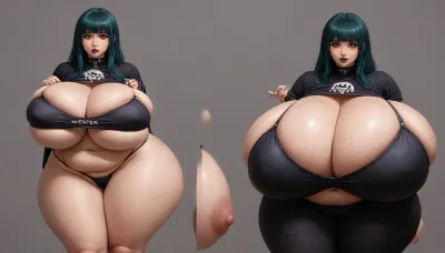 (((The most pefect Before and after sequence side by side in mulilple veiws:1.2), (of a woman that is showing off the extremely hyper fattening drastic changing enlarging effects of a extra mega thick extra fattening weight gain on a all ready absurdly perfectly extra mega thick very fatter very curvy extra mega thick wide plump chubby busty asian american goth woman:1.5))), (she has the most absurdly unreal perfect mega hyper gargantuan sized fat plush growing boobs:1.3), (absurdly hugely hyper Immense fat breasts expansion:1.4), (the most absurdly hyper gargantuan expanding swelling enlarging so much more larger fat boobs:1.4), (she is growing so much many times more hyper extra mega thicker extra plumper extra fatter:1.2), (her so much more hyper enlarging fatten up perfect hyper busty hourglass body figure:1.3), (best face:1.3), ripping her clothes from her most fattening body growth, beautiful, (well-defined most sexy engorging ample ultra mega busty thick fat voluptuous curvy woman:1.1), her progression fatter is increasing her extra voluptuous sexy extra fat body, (the volume of her massive fat breasts and massive fat ass increasing greatly in many sizes with her extra plush extremely extra fattening growth so much more extremely extra massively extra mega thicker extra bustier and extra fatter:1.5), <lora:Venus_Body_Alpha:1.4>, <lora:InflationXL:1.5>, <lora:bottomheavy_v1_sdxl_tags:1.3>, <lora:milkers_v2:1.6>