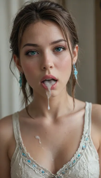 Solo, (Character), Yuna, Summoner Dress, (Final Fantasy X, 2001), huge penis inside her mouth, cum dripping over the penis, cum dripping from her mouth..