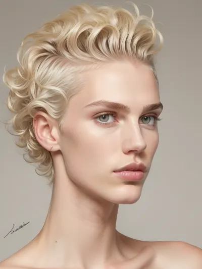 Portrait of skinny lanky white young male with short curly dark-ish curly blonde hair high skin fade, plump lips, sharp facial features and catlike eyes. Sharp chin, thick lips duckfacing