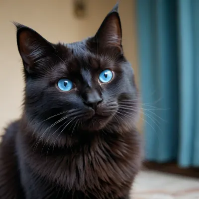 thin cute black fluffy cat with blue eyes