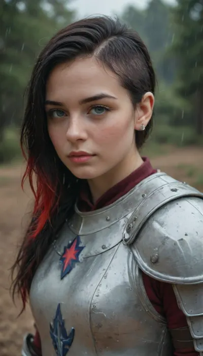 1girl, solo, bard girl in the rain, BettySue, side undercut, black hair, ((red_highlights)), chubby, flat_chest, freckles, blue eyes, medieval armor, in dark desert, dark forest around, nigh, shining armor, white armor, bard, long dark tunic, focus on face, raining, enjoying the rain.