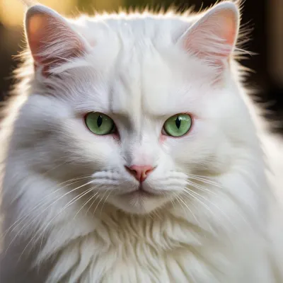 thin cute white fluffy cat with green eyes
