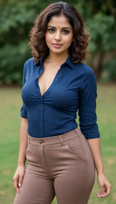 Smart Indian woman, (35yo), in tight brown trousers and cotton formal navy blue shirt, big tits, big ass, round ass, soft tits, soft breasts, thick ass, curvy, milf, beautiful eyes, athletic, body hugging clothes, nipples poking out, hard nipples, short Bob curly hair, gray eyes, big eyes, high resolution eyes, high quality eyes, plump lips, Full body shot, extremely detailed skin, textured skin, rosy cheeks, perfect light, warm light, Hyper photo realistic, high definition, extreme details, ultra-detailed, fine detail, symmetrical eyes, dimple on face, (high detailed mature face), high dynamic range, professional photography