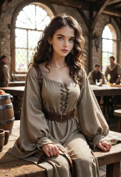 Brunette, long straight hair, brown silk tunic with V-neck fastened with straps at the neck, tunic with sleeves, leaving legs bare, sitting on a table in a medieval tavern
