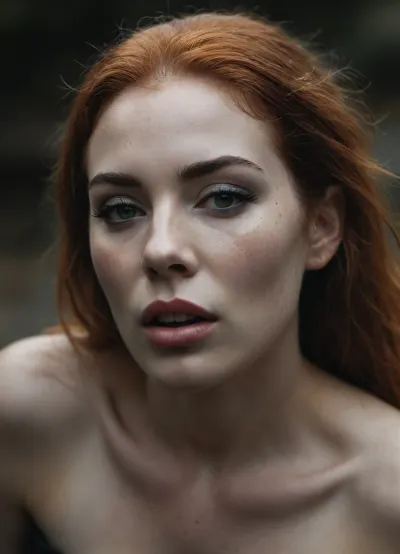 full body view with the face of a young woman in the focused foreground, 22 years old, kneeling in front of the viewer, full of anticipation and submissively waiting for their ejaculation. messy fiery red hair, Her face reflects passion, lust, and desire. Her tongue moistens her lips, green eyes, she moans softly, intoxicated by so much sexual stimulation. Photorealistic skin, freckles, beads of sweat on her forehead and upper lip, ecstasy, joy, and lust, (shallow depth of field:1.7), FRESHIDEAS, Real, Photography, 2#, Black, and, white, art, black, shading, charcoal, toned, brutal, dark, b/w, color, scheme, <lora:FRESHIDEAS Real Photography 2#:1.5>, <lora:Black and white art.V1:.8>