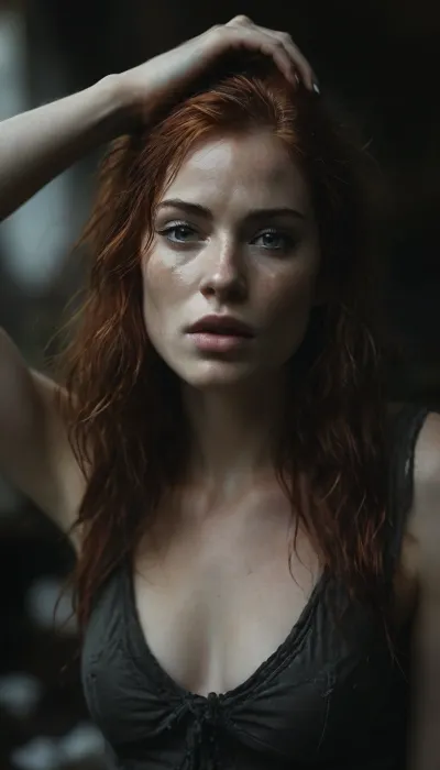 full body view with the face of a young woman in the focused foreground, 22 years old, kneeling in front of the viewer, full of anticipation and submissively waiting for their ejaculation. messy fiery red hair, Her face reflects passion, lust, and desire. action sex posing, arms up, Her tongue moistens her lips, green eyes, she moans softly, intoxicated by so much sexual stimulation. Photorealistic skin, freckles, beads of sweat on her forehead and upper lip, ecstasy, joy, and lust, (shallow depth of field:1.7), FRESHIDEAS, Real, Photography, 2#, Black, and, white, art, black, shading, charcoal, toned, brutal, dark, b/w, color, scheme, <lora:FRESHIDEAS Real Photography 2#:.8>, <lora:Black and white art.V1:.8>, <lora:MJ52:.4>