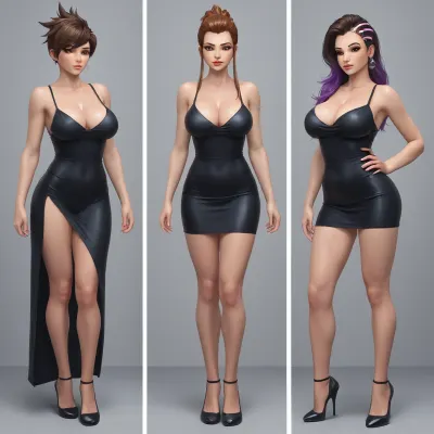 group of 3 women, brigitte from Overwatch mature look, tracer from Overwatch mature look, sombra from Overwatch mature look, full lips, thick lips, huge chest circumference, slim, A tight fitting, short black dress with a low back and a slit on the leg high heels, red lips, View from waist down, Sensual, erotic, exaggeratedly swollen pussy, Close up of upper body