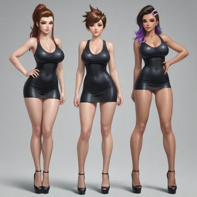 group of 3 women, brigitte from Overwatch mature look, tracer from Overwatch mature look, sombra from Overwatch mature look, full lips, thick lips, huge chest circumference, slim, A tight fitting, short black dress with a low back and a slit on the leg high heels, red lips, View from waist down, Sensual, erotic, exaggeratedly swollen pussy, Close up of upper body