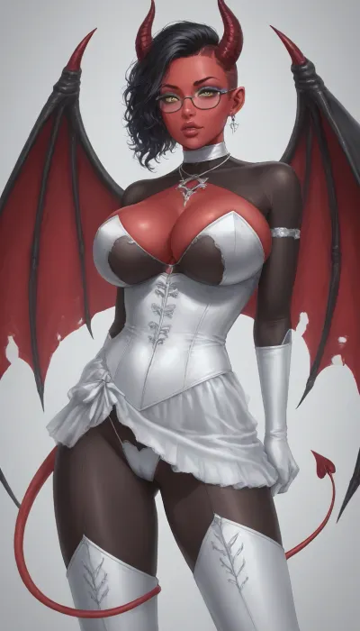 succubus, solo, mature look, full lips, thick lips, multicolored skin, black skin, red skin, undercut hair, pointed gigantic horns, multicolored black red very very gigantic succubus wings, succubus tail, slim, large breasts, .
A figure-hugging corset bodysuit in classic white with delicate lace appliqués featuring traditional embroidery. The neckline is deep and sweetheart, with sheer mesh inserts on the sides that subtly reveal skin.

A short, layered tulle skirt with a holographic shimmer – cheekily high in the front, with a dramatic cape-like veil in the back.

A white choker with a Triforce pendant.

Fingerless gloves with embroidery.

A tiara.

Glasses with transparent frames.

White knee-high boots.

Two playful braids.

Makeup with shimmering pastel blue eyeshadow, eyeliner with a lightning bolt wing, and holographic lip gloss.
View from waist down, Sensual, erotic, exaggeratedly swollen pussy, extreme pussy cameltoe, Close up of