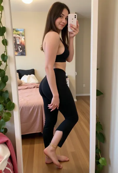 Teasing mirror selfie in profile featuring a muscular thicc 25 year old college coed body builder wearing yoga pants turned sideways to show off her spectacularly round ass posing effortlessly with a hand on her hip., ((prominent feet)), Her tidy dorm room has a modern aesthetic, with a large mirror, pink bedsheets, many plants and, (ivy vines), . soft lighting enhances the pastel colors around her. The angle of the shot is slightly tilted, capturing a laid-back, amateur influencer-inspired vibe ., (gold anklets), (holding iphone), <lora:Gold_Anklets__Feet:.999>