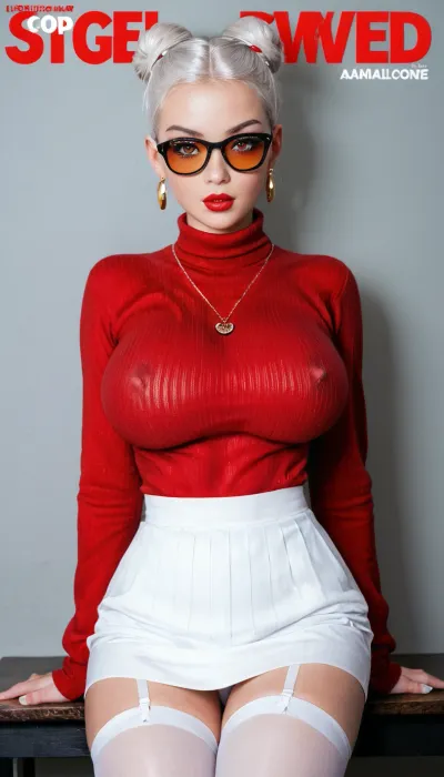 (((The porn Magazine "BIG TITS"))), The cover page, the headline is "BIG TITS become NO.1 " and the cover lady is pretty, aidmaRealisticPeoplePhotograph., raw, lighting, overexposed, harsh, flash, Tall slender Korean teacher woman with thick black glasses, (((25 years old))), ((Wavy long snow white hair with with bangs at the front, in bun)), ., (((white thigh highs))), Very Short white skirt, ((Sexy Posing)), (((Big breasts:1.5))), Shirt too tight and semi-transparent., ((red sweater)), golden necklace, <lora:SDXLHighDetail_v6-000005:.8>, <lora:Rawfully Stylish v0.2_epoch_20:.8>