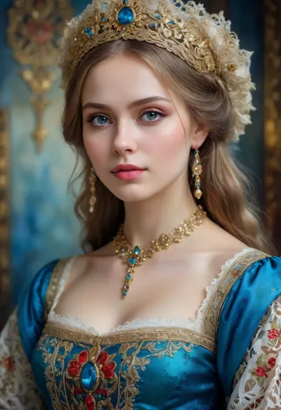 Portrait of a Russian beauty in national costume, lace filigree of bright, rich color. Super clear, highly detailed watercolor, glaze technique, plus colored alcohol ink, style of V. Vasnetsov