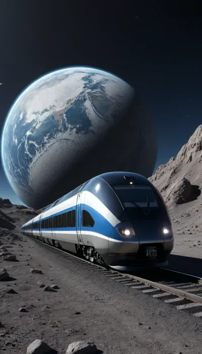 5000000010.314, Futuristic modern train on the moon, with blue planet earth and dark sky as a backdrop, rendered in hyper-realistic photography style.