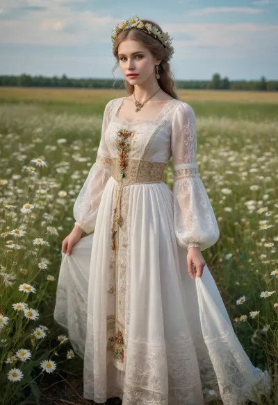 Russian beauty in national costume, lace filigree, bright. Clear, very detailed watercolor, glazing technique, plus colored alcohol inks, style of V. Vasnetsov. Stands in full growth in a field with daisies