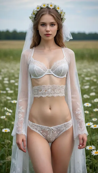 Russian beauty in national costume, lace filigree, bright. Clear, very detailed watercolor, glazing technique, plus colored alcohol inks, style of V. Vasnetsov. Stands in full growth in a field with daisies, thong panties and bra are visible