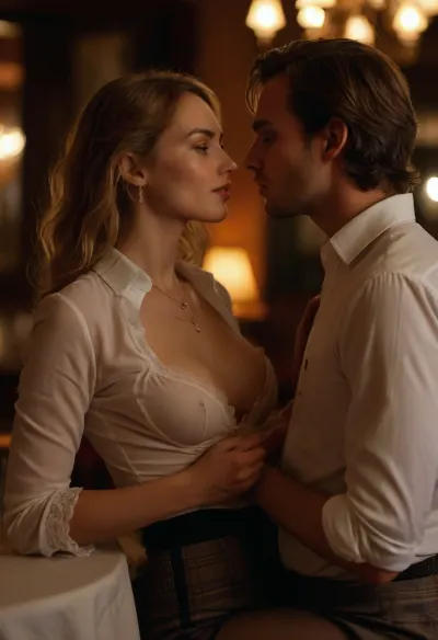 warm lightning, erotic, porno chic, (glass of wine), subdued atmosphere, in restaurant, a man and a woman fucking a beautiful blonde or brown hair woman 25 years old, wearing unbuttoned white shirt, plaid skirt, luxurious lingerie, show nipples, show pussy, black lace bra, pantyhose, undressing, lesbian caressing tits, caressing pussy, blowjobn cunnilingus, lesbian licking ass, cumming, cum on face, back view, kissing nipples, hairy pussy, slut, raw, <lora:MJ52:2>, <lora:255596_training_data:.8>