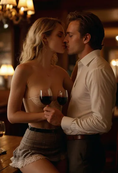 warm lightning, erotic, porno chic, ((glass of wine)), subdued atmosphere, in restaurant, a man and a woman fucking a beautiful blonde or brown hair woman 25 years old, wearing unbuttoned white shirt, plaid skirt, luxurious lingerie, show nipples, show pussy, black lace bra, pantyhose, undressing, lesbian caressing tits, caressing pussy, blowjobn cunnilingus, lesbian licking ass, cumming, cum on face, back view, kissing nipples, hairy pussy, slut, raw, <lora:MJ52:2>, <lora:255596_training_data:.8>, <lora:580159_training_data:.8>