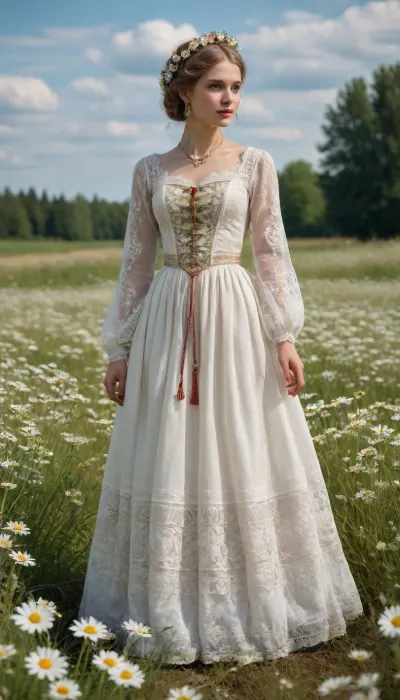 Russian beauty in national costume, lace filigree, bright. Clear, very detailed watercolor, glazing technique, plus colored alcohol inks, style of V. Vasnetsov. Stands in full growth in a field with daisies