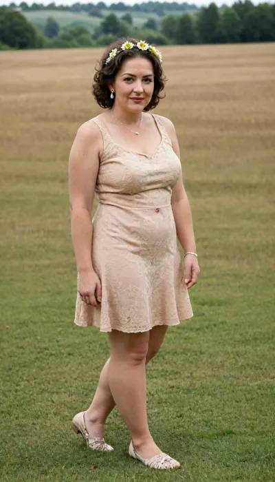 A 60-year-old plump mature woman in a short house dress runs through a field with a wreath on her head. The skirts of the dress rise, showing her full legs