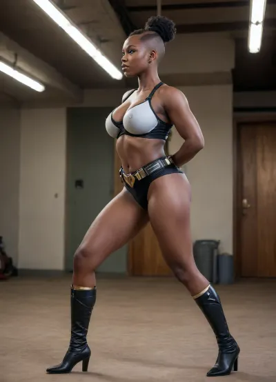 Sudan ebony 20 year old busty woman, extremely black skin, nurse outfit, massive boobs, big tips, bald head, muscular body, strong body, muscular legs, muscular arms, wide shoulders, wakanda, from the side