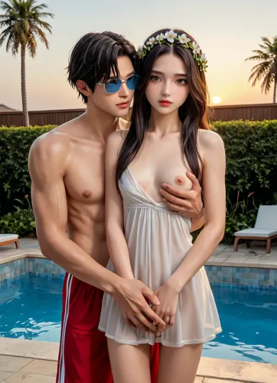 detailed, 18 years old skinny beauty, long hair, black hair, thin body, toned body, natural skin texture, small breasts, wearing translucent plain white short dress, no bra, no panties, white flower on hair, wearing large circular blue shades, 25 years old Chinese athletic man, man has short hair, man is topless, man in maroon swim trunks, woman dress pulled down to reveal breasts, man groping woman breast, wide view, camera far from couple, side of swimming pool, sunset, shu7, <lora:Shu7_XL_0_:2>