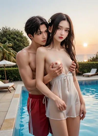 detailed, 18 years old skinny beauty, long hair, black hair, thin body, toned body, natural skin texture, small breasts, wearing translucent plain white short dress, no bra, no panties, white flower on hair, wearing large circular blue shades, 25 years old Chinese athletic man, man has short hair, man is topless, man in maroon swim trunks, woman dress pulled down to reveal breasts, man groping woman breast from behind, wide view, camera far from couple, side of swimming pool, sunset, shu7, <lora:Shu7_XL_0_:2>