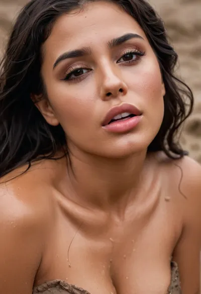 Young Latina girl, 25, with firm, round breasts, a heart-shaped butt, a shaved pussy, brown eyes, and wavy black and raven hair. She's on her back, thrown to the ground, in the deep mud. Mud on her dres wedding dress, dirty dress. Her face is round, and her brown eyes sparkle with joy. Full, sexy lips. She is crying, ruined makeup