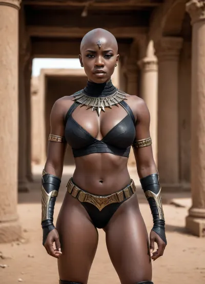 Sudan ebony 20 year old busty woman, extremely black skin, warrior outfit, massive boobs, bald, muscular body, strong body, muscular legs, muscular arms, wide shoulders, wakanda