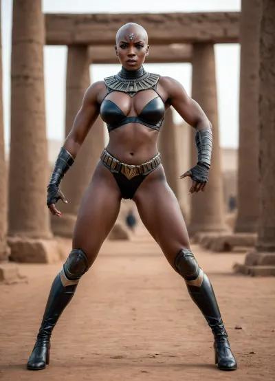 Sudan ebony 20 year old busty woman, extremely black skin, warrior outfit, massive boobs, bald, muscular body, strong body, muscular legs, muscular arms, wide shoulders, wakanda