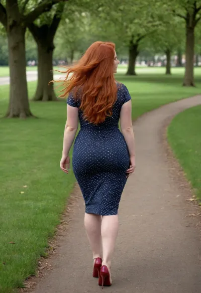 Very curvy Irish old housewife, very long red hair, extremely wide hips, walking in the park, freckles, wind blowing through long hair, low-cut dress, tight mini dress, very figure-hugging mini dress. Cheerful, view from behind.