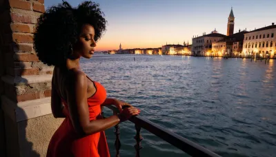 beautiful 50-years-old Afro-American woman with messy curly black hair, brown skin, dark eyes, no tattoos, dark-red painted nails. very dim light, a lot of shadows. fully clothed, colourful dress, scenery in Venice at night. view from the side.